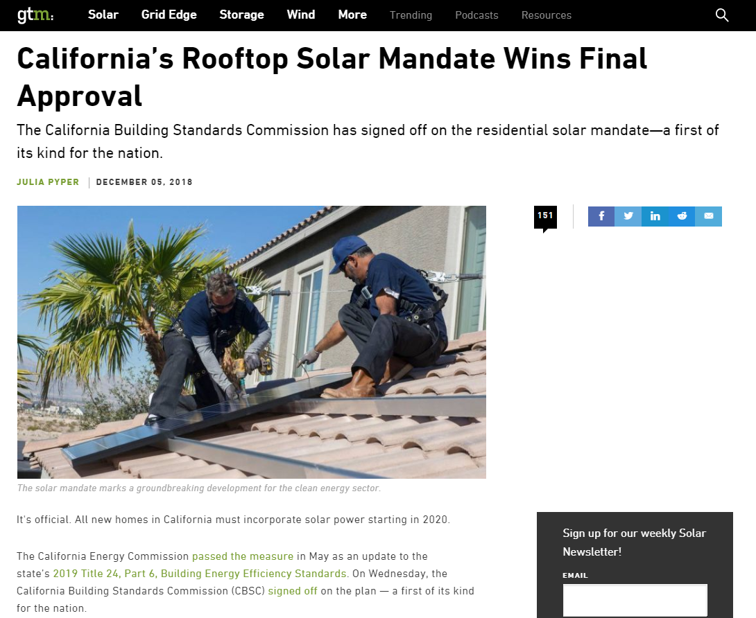 GTM- California’s Rooftop Solar Mandate Wins Final Approval