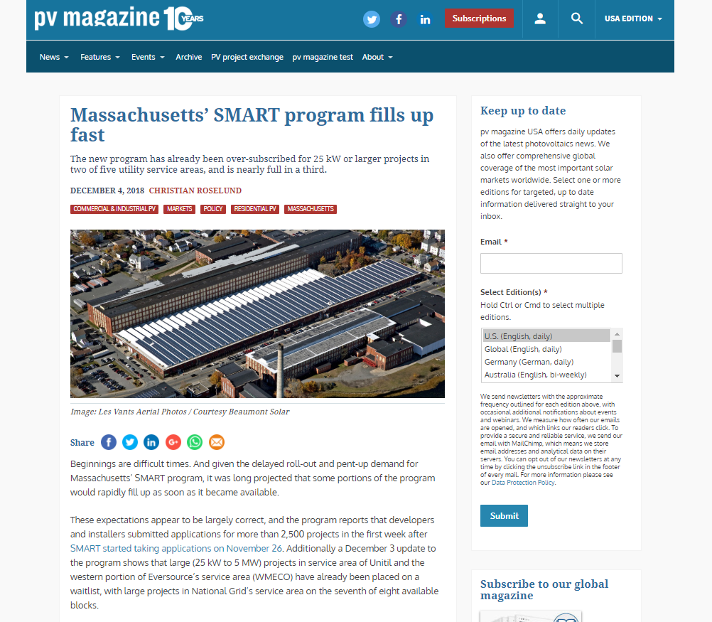 Massachusetts SMART Program Fills up